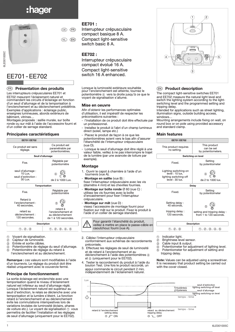 Page 1 de la notice Manuel utilisateur Hager EE701