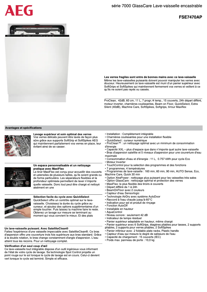Page 1 de la notice Fiche technique AEG FSE7470AP