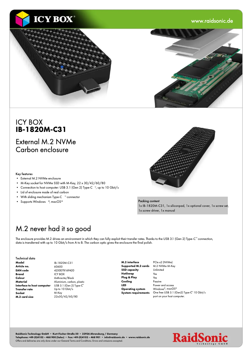 Page 1 de la notice Fiche technique Icy Box IB-1820M-C31