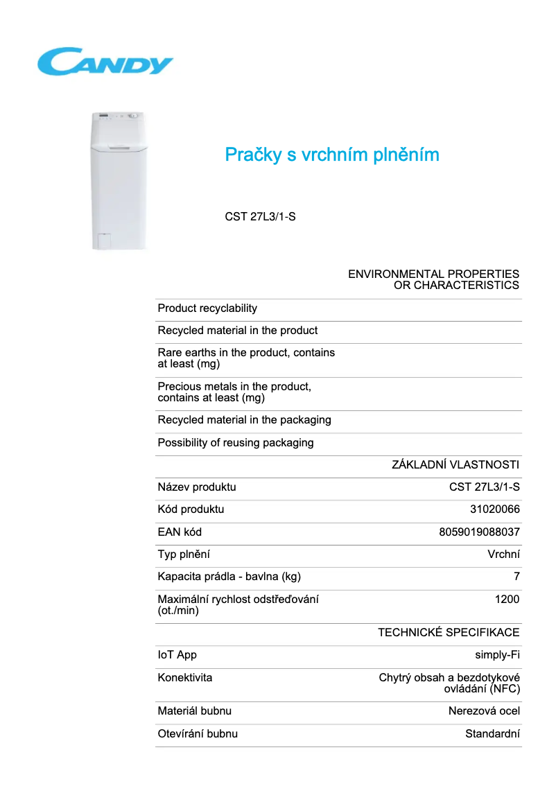 Página 1 del manual Ficha técnica Candy CST 27L3/1-S