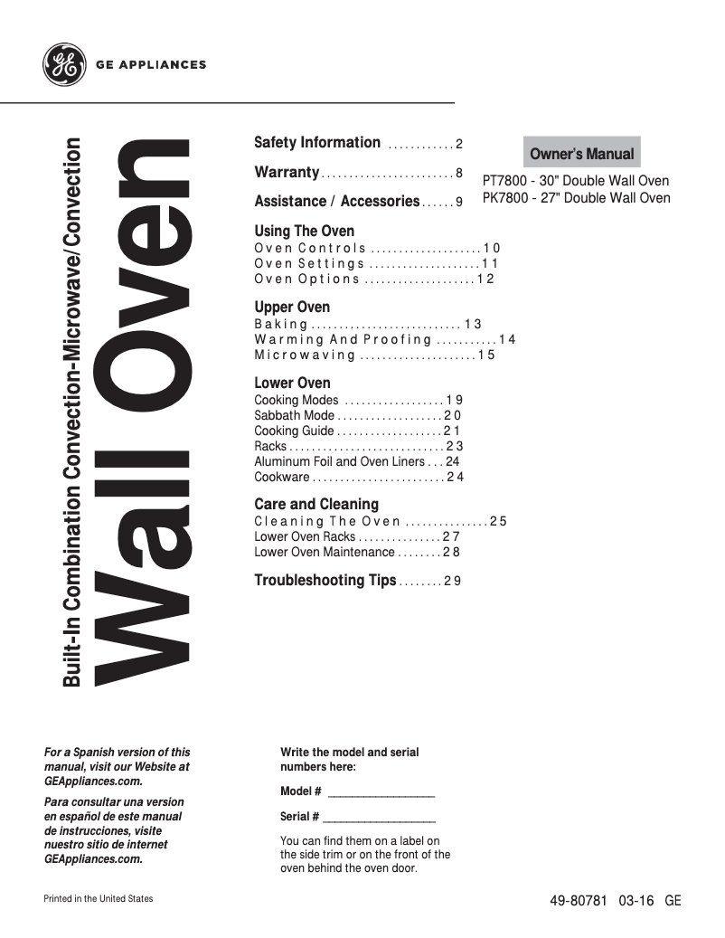 Page n°1 - Manuel utilisateur GE PK7800EKES