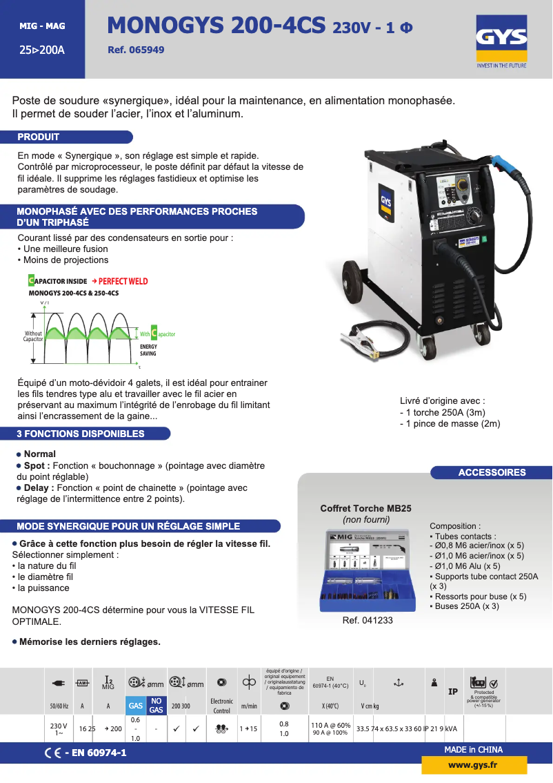 Página 1 del manual Ficha técnica GYS Monogys 200-4Cs