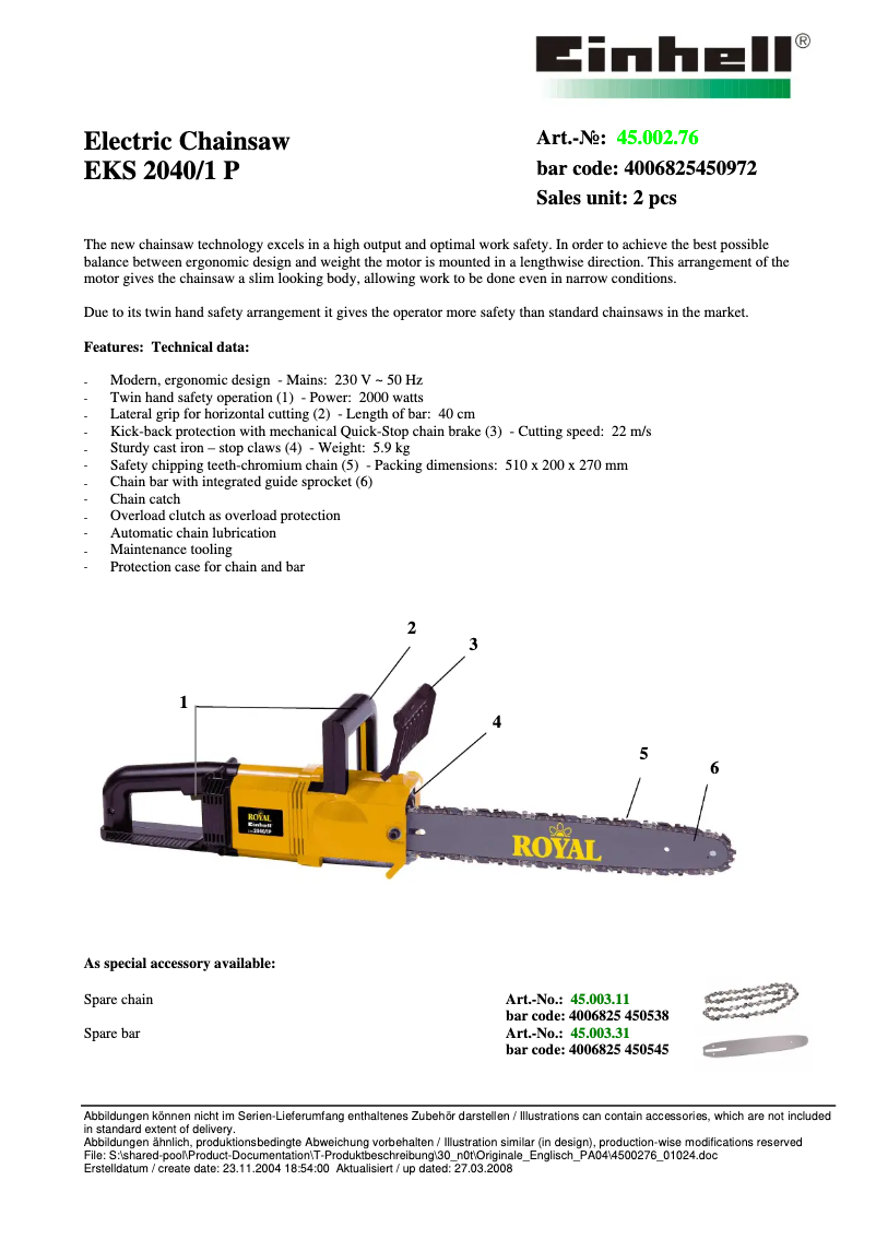 Page 1 de la notice Fiche technique Einhell Royal EKS 2040/1 P