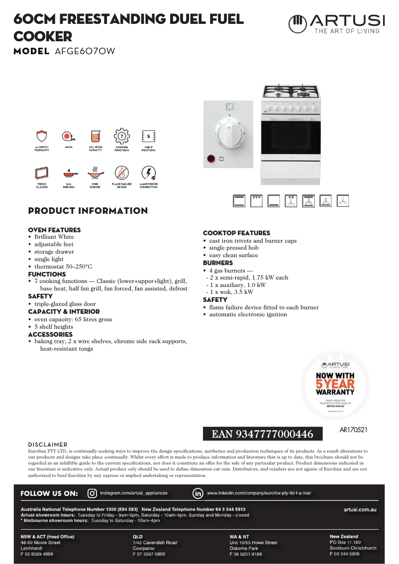 Page 1 of the manual Technical Sheet Artusi AFGE6070W