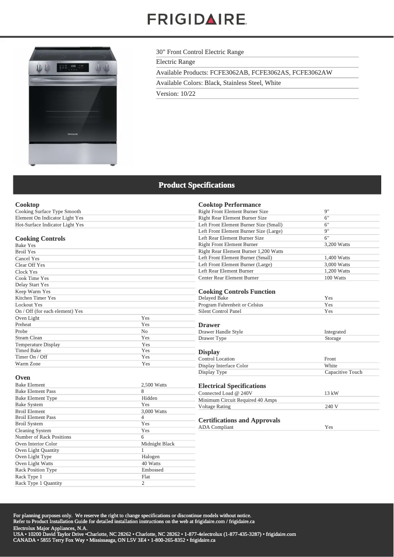 Page 1 de la notice Fiche technique Frigidaire FCFE3062AW