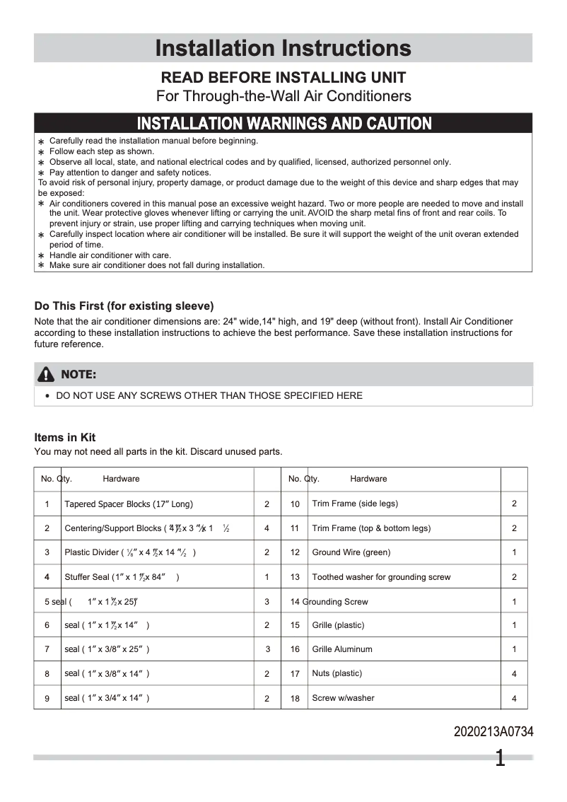 Page 1 de la notice Guide d'installation Frigidaire FRA144HT2