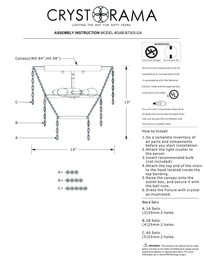 Page 1 de la notice Manuel utilisateur Crystorama Gabrielle GAB-B7303-GA