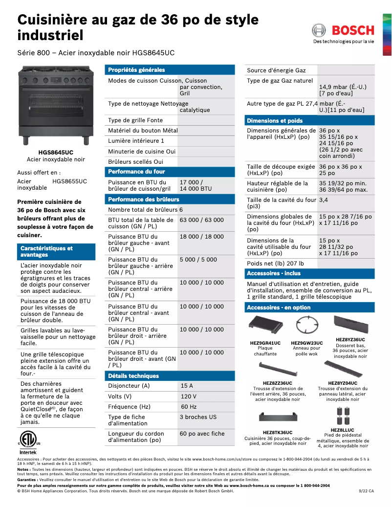 Page 1 de la notice Fiche technique Bosch HGS8645UC