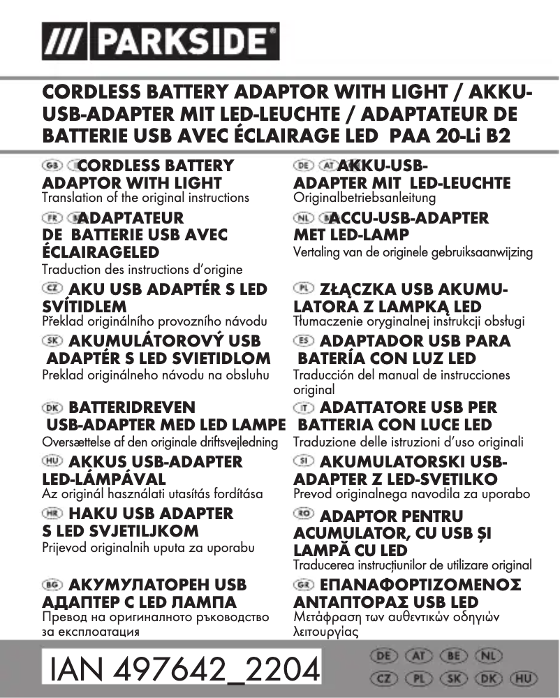 Page 1 de la notice Manuel utilisateur Parkside PAA 20-Li B2