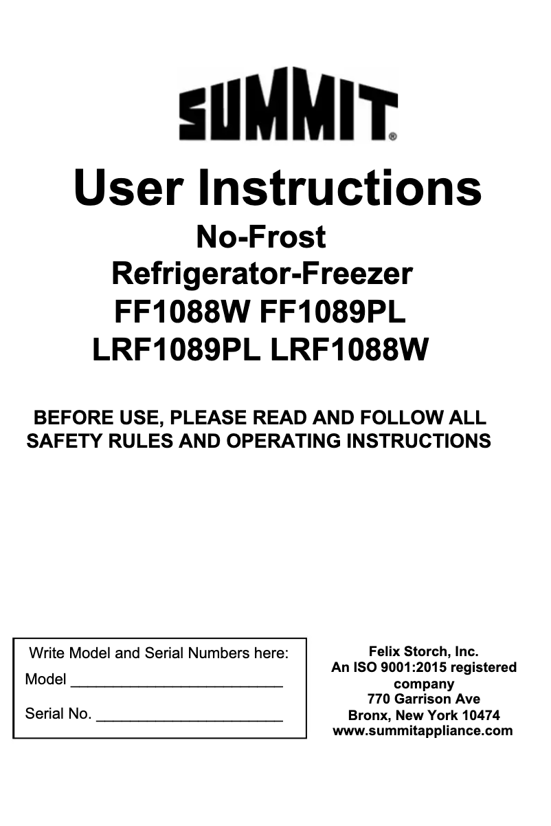 Page 1 de la notice Manuel utilisateur Summit FF1089PL