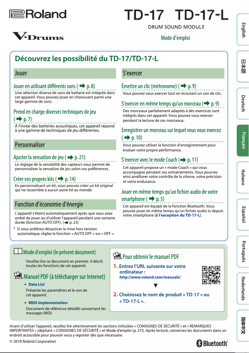 Page 1 de la notice Manuel utilisateur Roland TD-17KVX