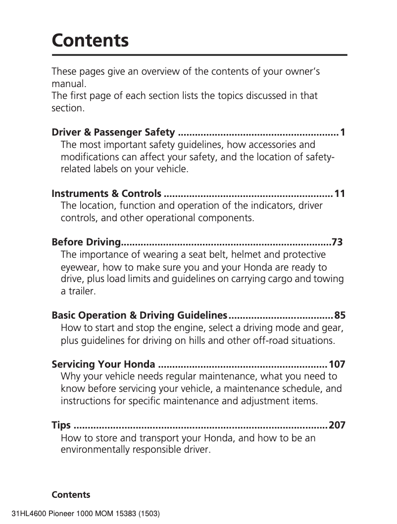 Page 1 de la notice Manuel utilisateur Honda Pioneer 1000 (2016)