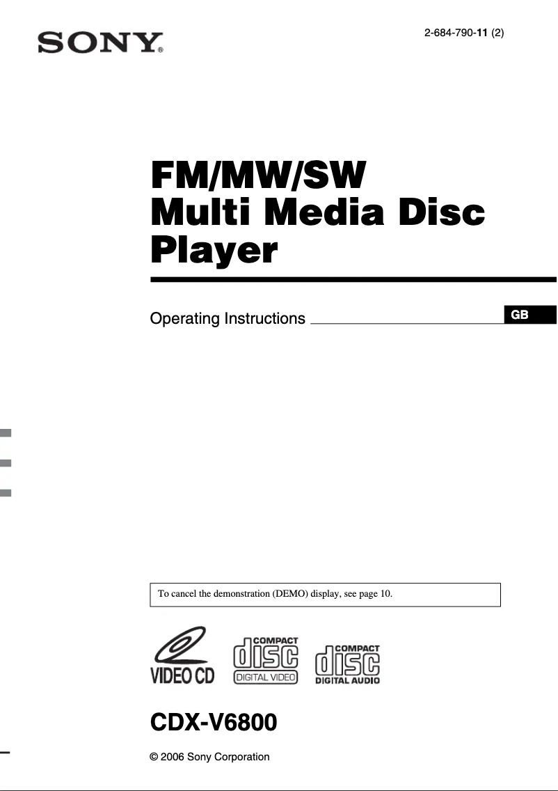 Page 1 de la notice Manuel utilisateur Sony CDX-V6800
