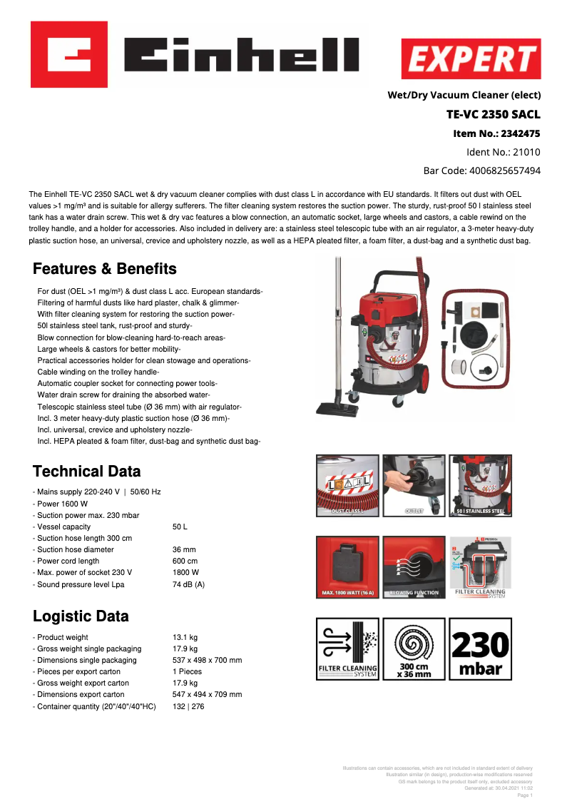 Page 1 de la notice Fiche technique Einhell TE-VC 2350 SACL