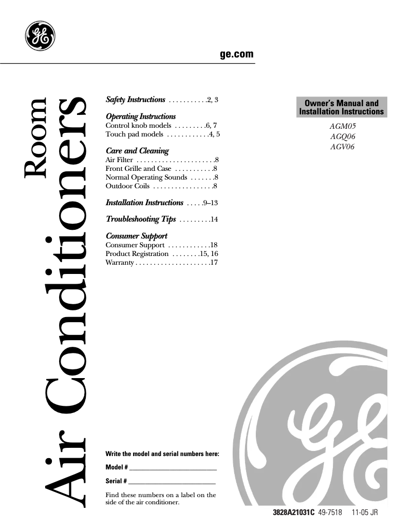 Page n°1 - Guide d'installation GE AGV06LH
