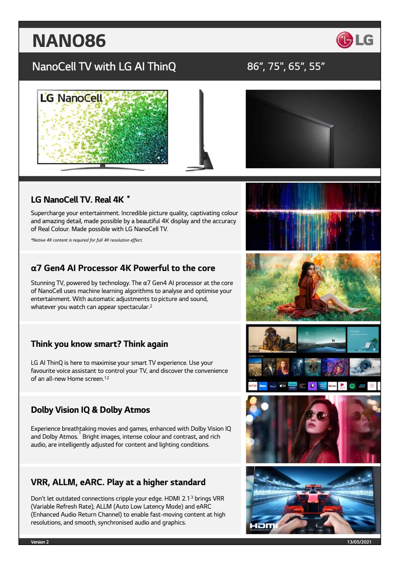 Page 1 de la notice Fiche technique LG 55NANO86TPA