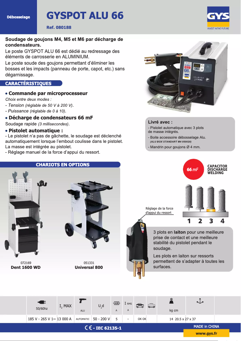 Page 1 de la notice Fiche technique GYS Gyspot ALU 66