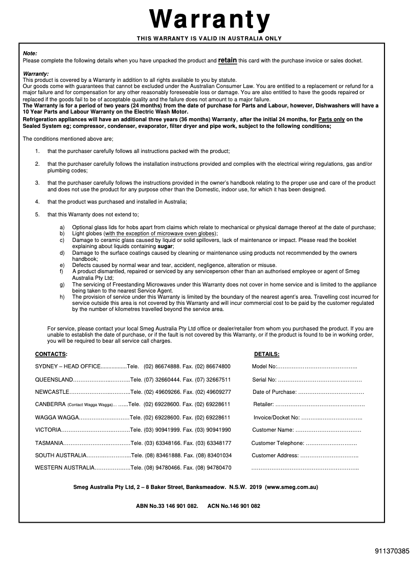 Page 1 de la notice Informations de garantie Smeg SFA6101TVS