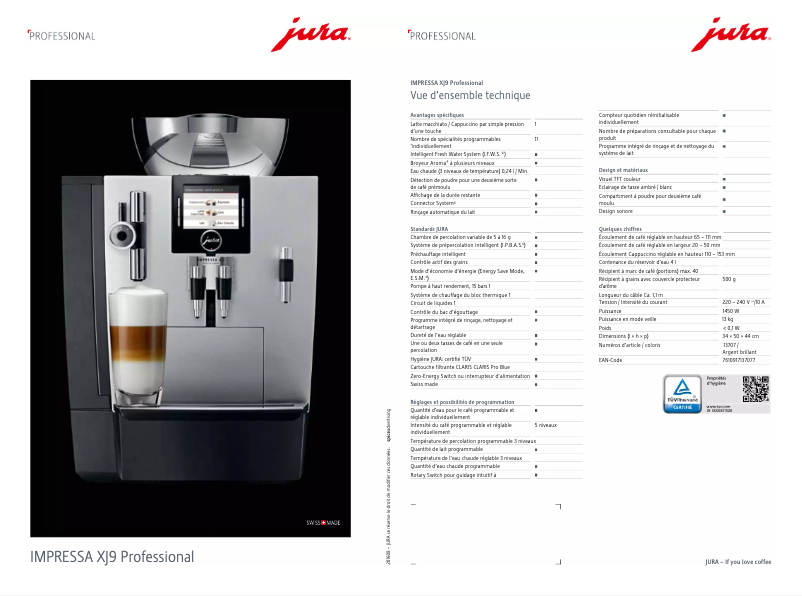 Page 1 de la notice Fiche technique Jura IMPRESSA XJ9 Professional