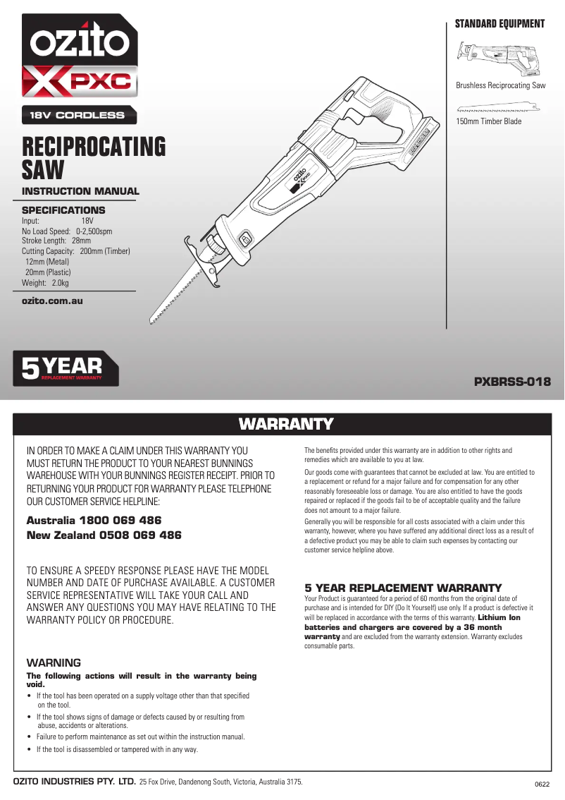 Page 1 de la notice Manuel utilisateur Ozito PXBRSS-018