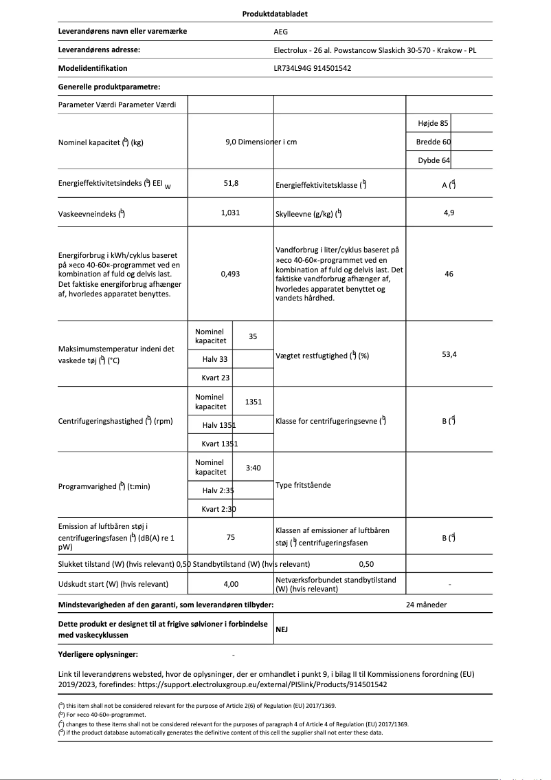 Page 1 de la notice Fiche technique AEG LR734L94G