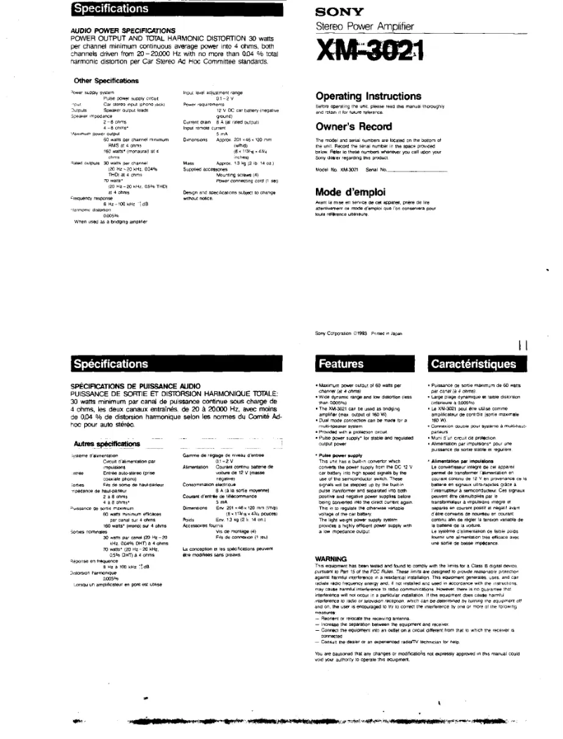 Page 1 de la notice Manuel utilisateur Sony XM-3021