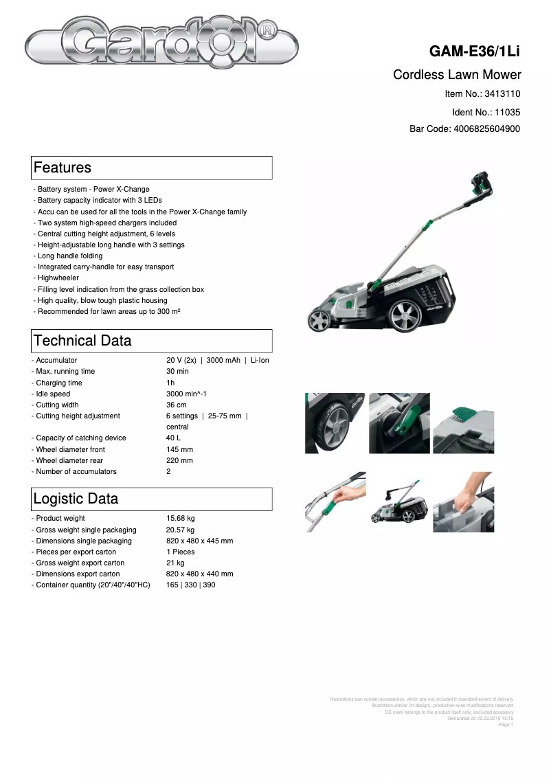 Page 1 de la notice Fiche technique Gardol GAM-E36/1Li