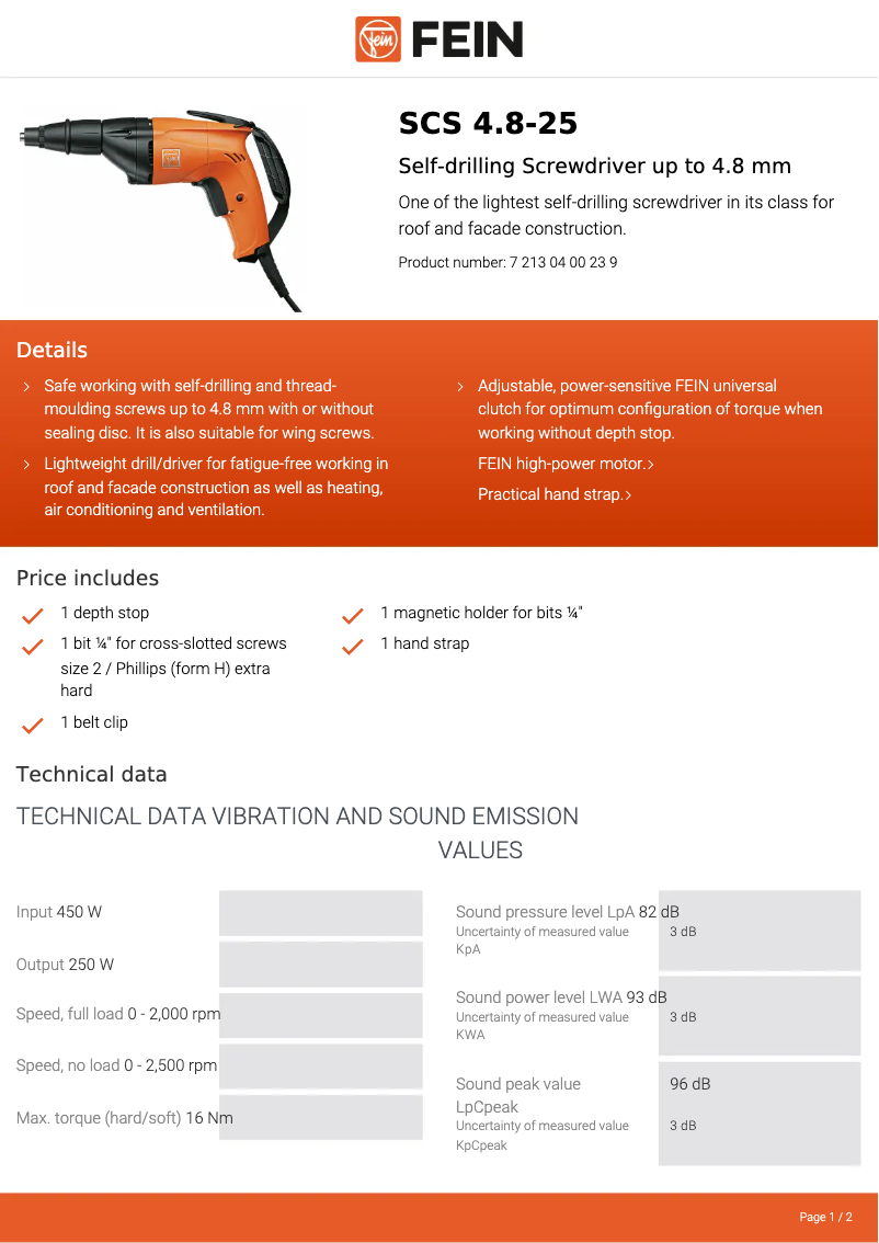 Page 1 de la notice Fiche technique Fein SCS 4.8-25