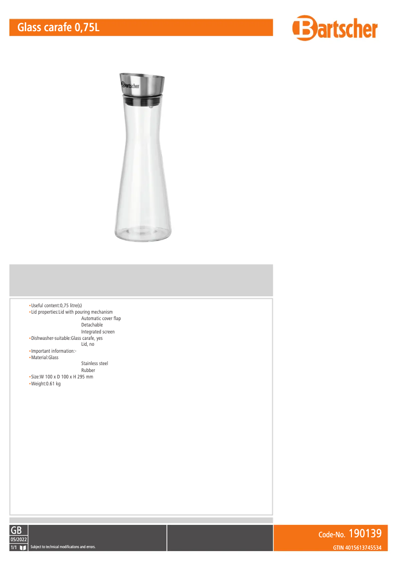Página 1 del manual Ficha técnica Bartscher 190139