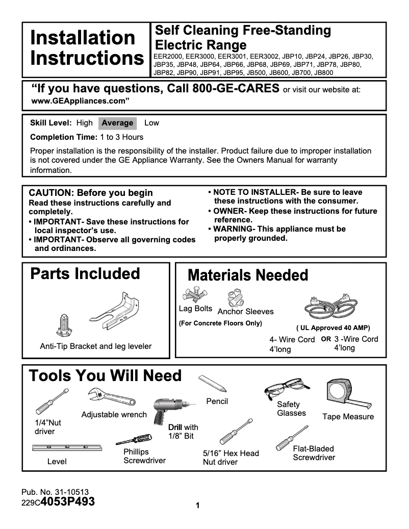 Page n°1 - Guide d'installation GE JBP10WDWW