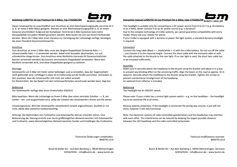 Page 1 de la notice Manuel utilisateur Busch + Müller Lumotec IQ Cyo Premium