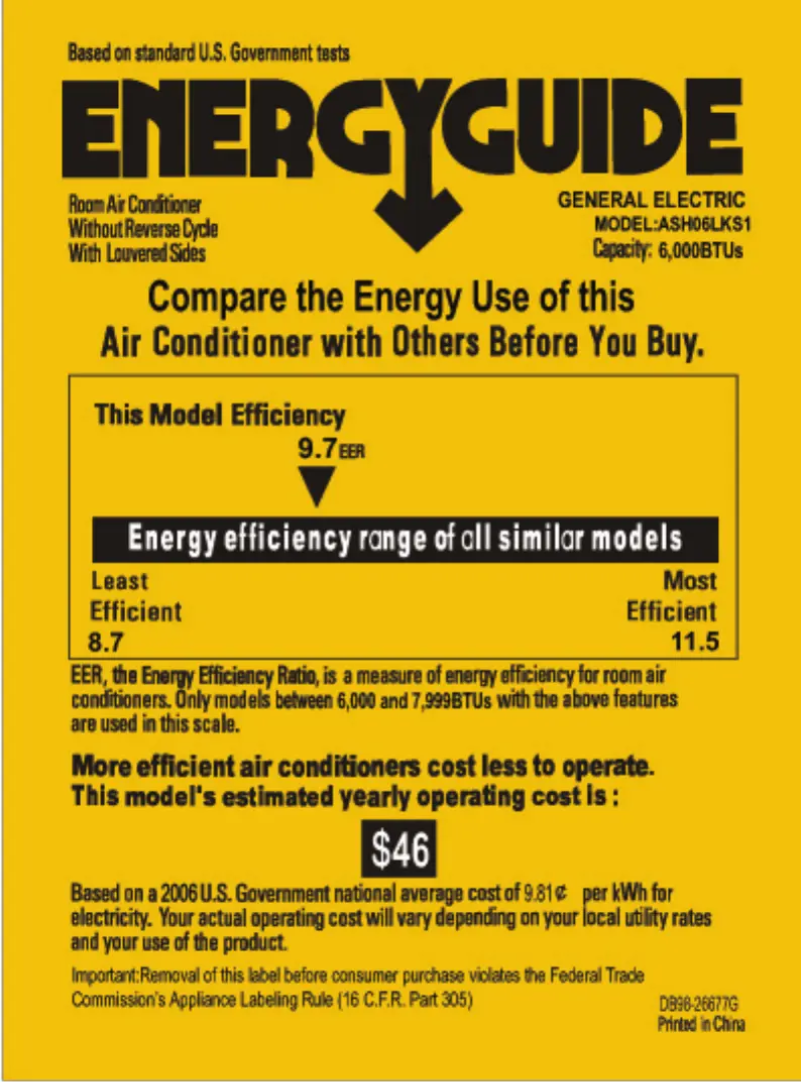 Página 1 del manual Etiqueta energética GE ASH06LK