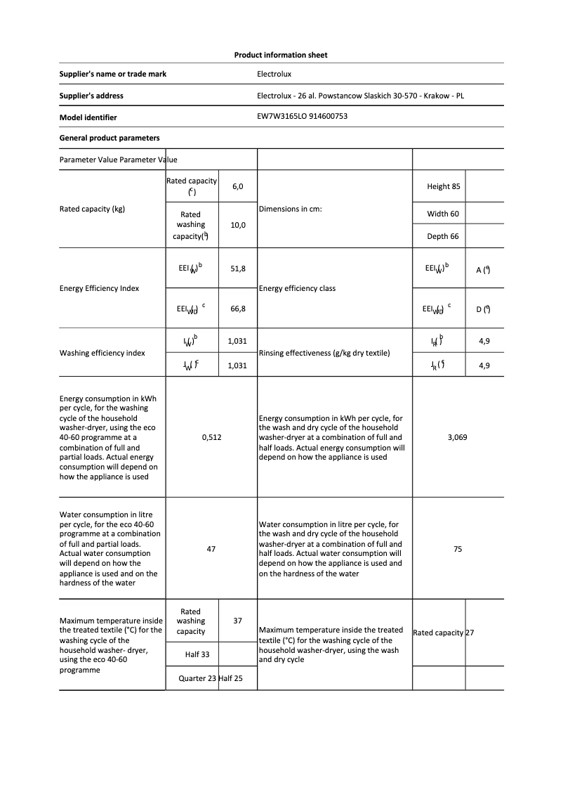 Page 1 de la notice Fiche technique Electrolux EW7W3165LO