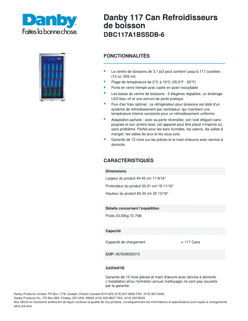 Page 1 de la notice Fiche technique Danby DBC117A1BSSDB-6