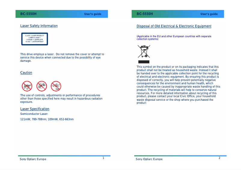 Page 1 de la notice Manuel utilisateur Sony Optiarc BC-5550H