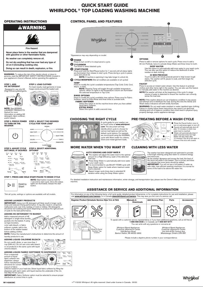 Page 1 de la notice Guide de démarrage rapide Whirlpool WTW5015LW