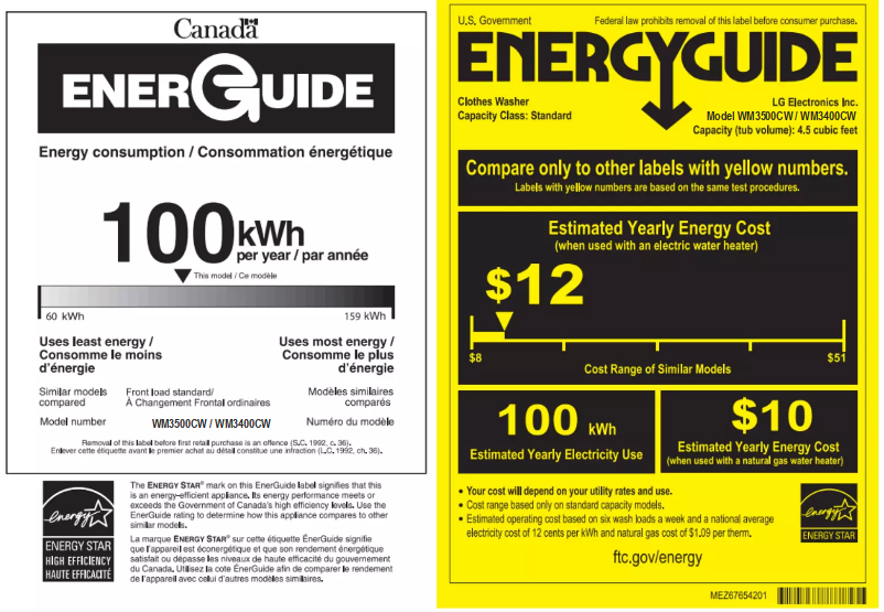 Page 1 de la notice Label énergétique LG WM3400CW