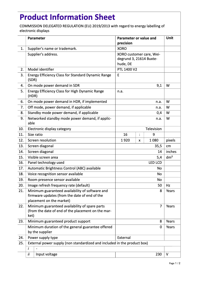 Página 1 del manual Etiqueta energética Xoro PTL 1400 V2