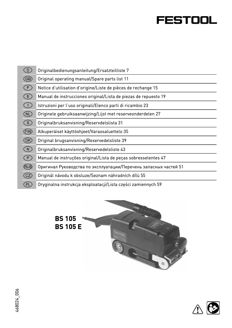 Page 1 de la notice Manuel utilisateur Festool BS 105 E-Plus