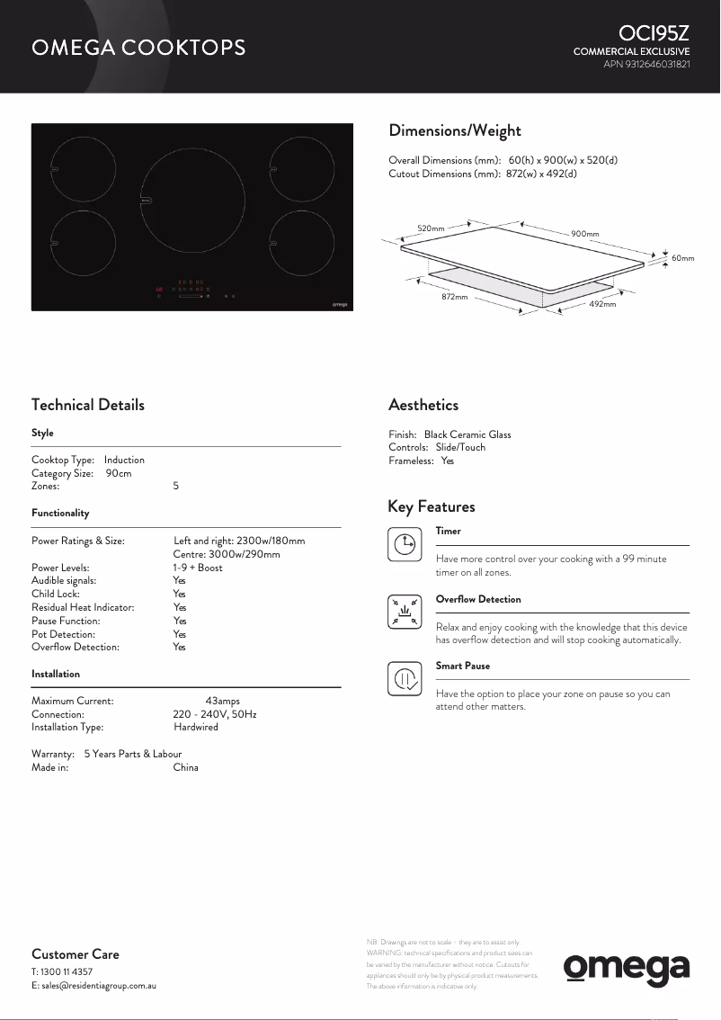 Page 1 de la notice Fiche technique Omega OCI95Z
