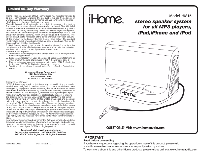 Page 1 of the manual User Manual iHome IHM16