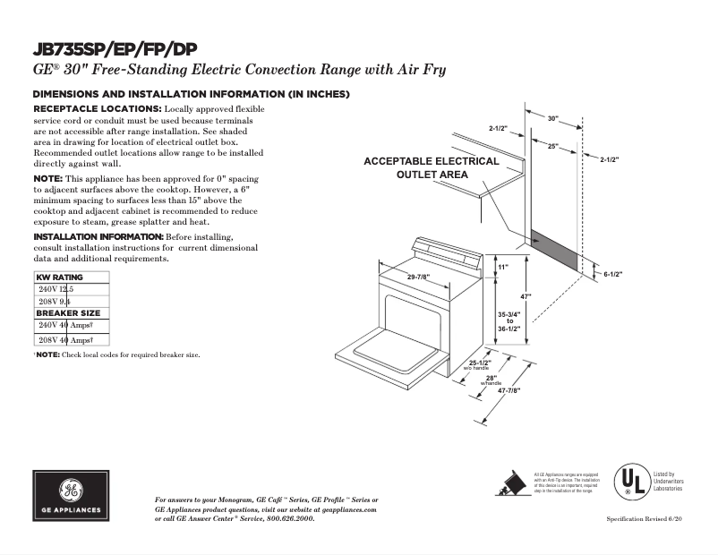 Page 1 of the manual Technical Sheet GE JB735DPBB