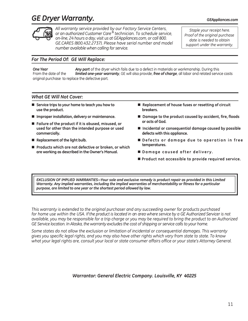 Página 1 del manual Información de garantía GE GTD45EASJWS