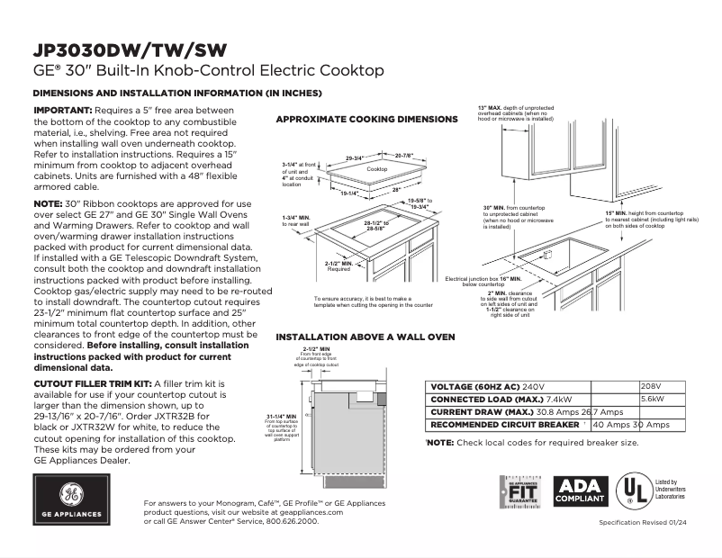 Page 1 of the manual Technical Sheet GE JP3030SWSS