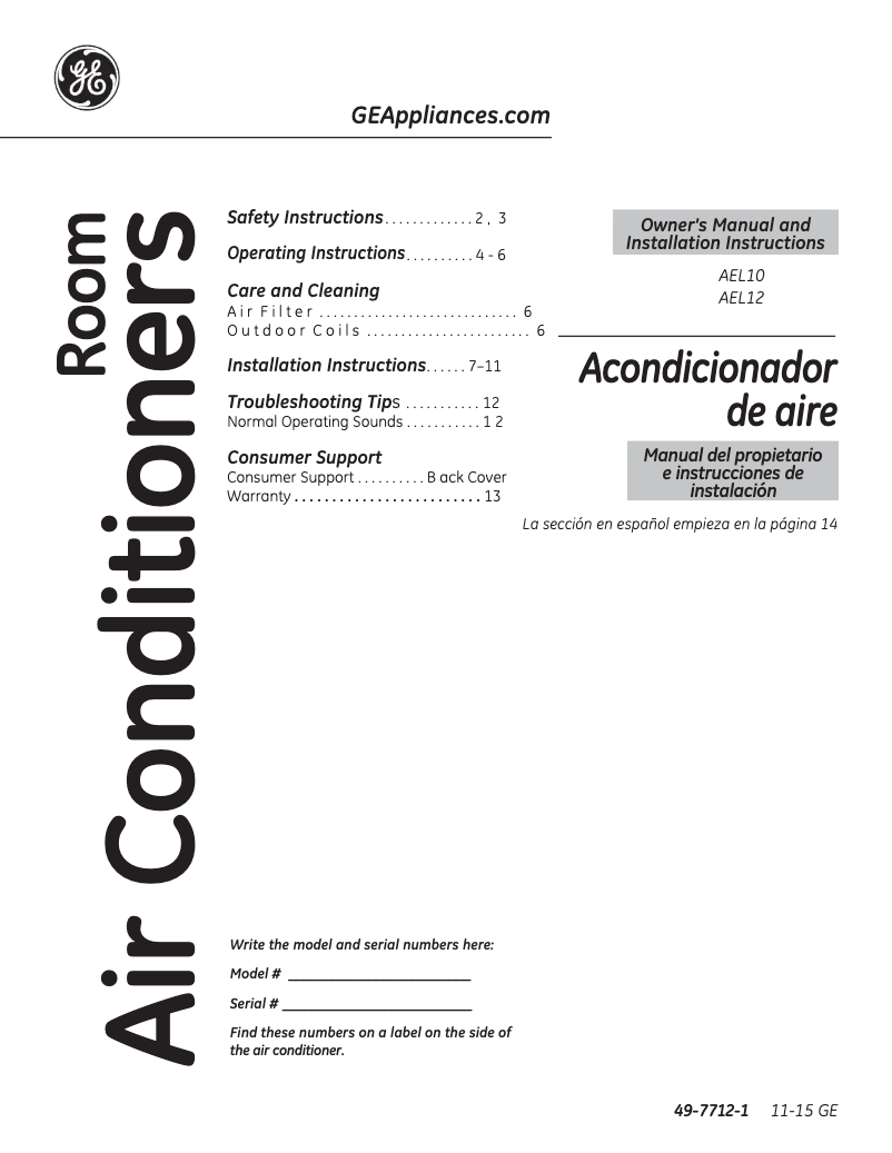 Página 1 del manual Manual de uso y mantenimiento GE AEL10AV