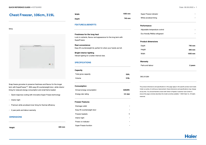 Page 1 de la notice Informations de garantie Haier HCF324W2