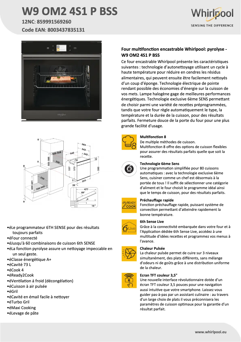 Page 1 de la notice Fiche technique Whirlpool W9 OM2 4S1 P BSS