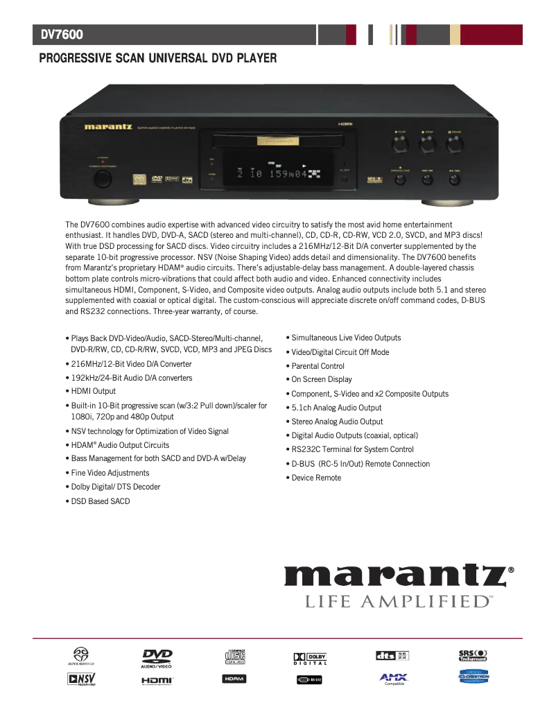 Page 1 of the manual Technical Sheet Marantz DV7600