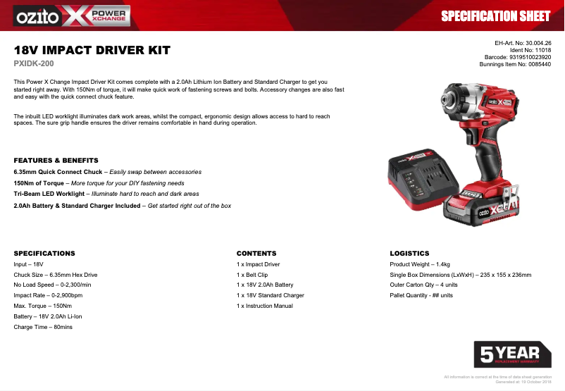 Page 1 de la notice Fiche technique Ozito PXIDK-200