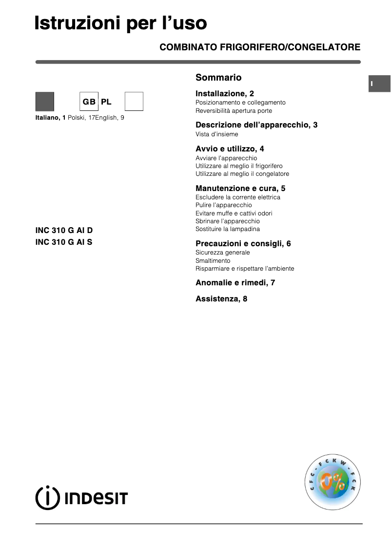 Page n°1 - Manuel utilisateur Indesit IN C 310 G AI S